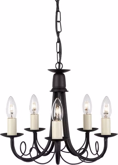 Lampadario a soffitto Industrial Nordico Minster di Elstead Lighting in metallo nero con 5 luci E14 e dettagli in vetro trasparente