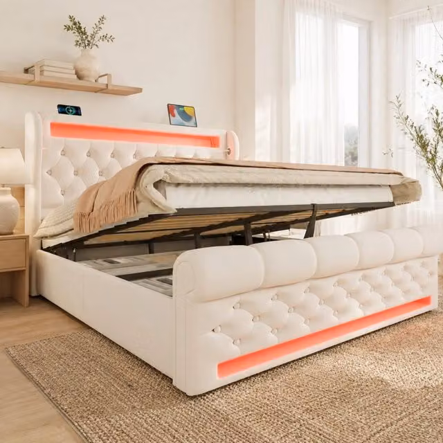 Letto 160x200 cm con contenitore idraulico, LED, USB e USB-C in velluto beige