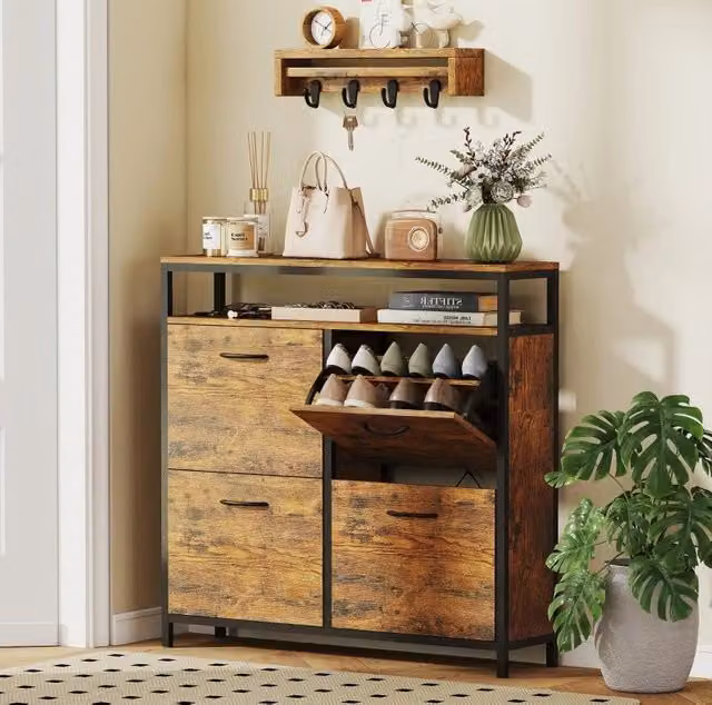 Scarpiera salvaspazio in stile industriale con 4 ante a ribalta e ripiano aperto, marrone e nero, L: 98 cm, P: 24 cm, H: 95 cm