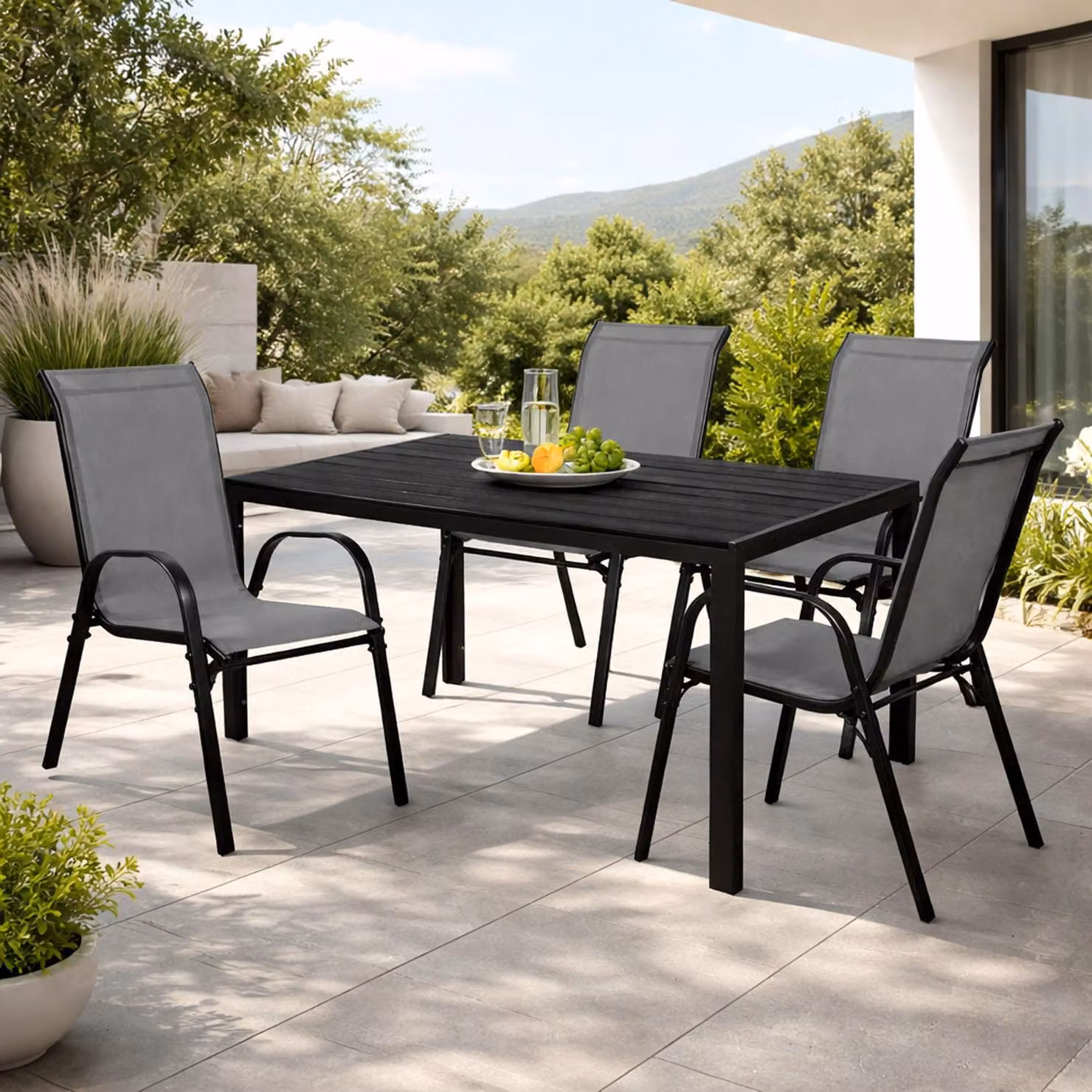 set 5 pezzi mobili da giardino alluminio non legno 150x90cm 4 sedie impilabili