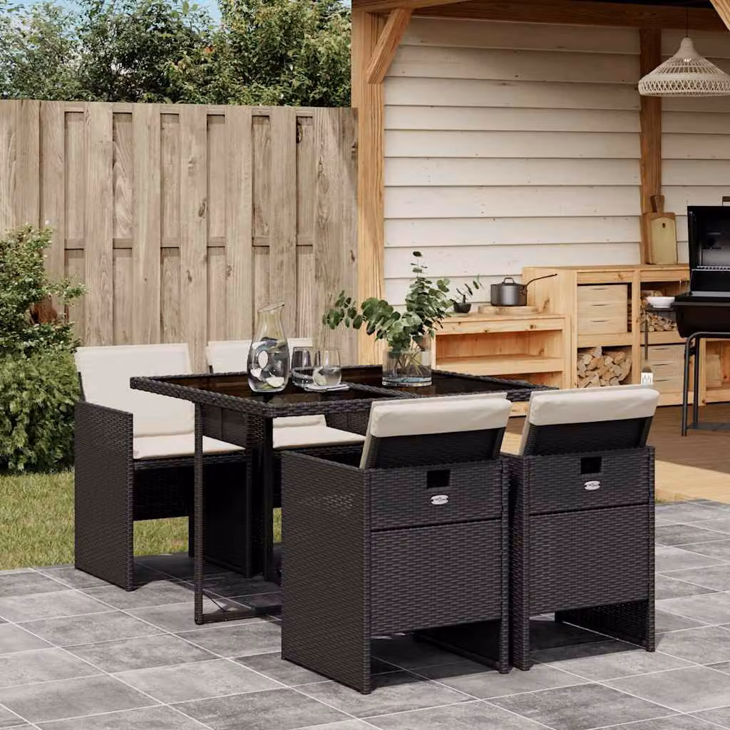 vidaXL Set da Pranzo da Giardino 5 pz in Polyrattan Nero con Piano in Vetro e Cuscini – 1