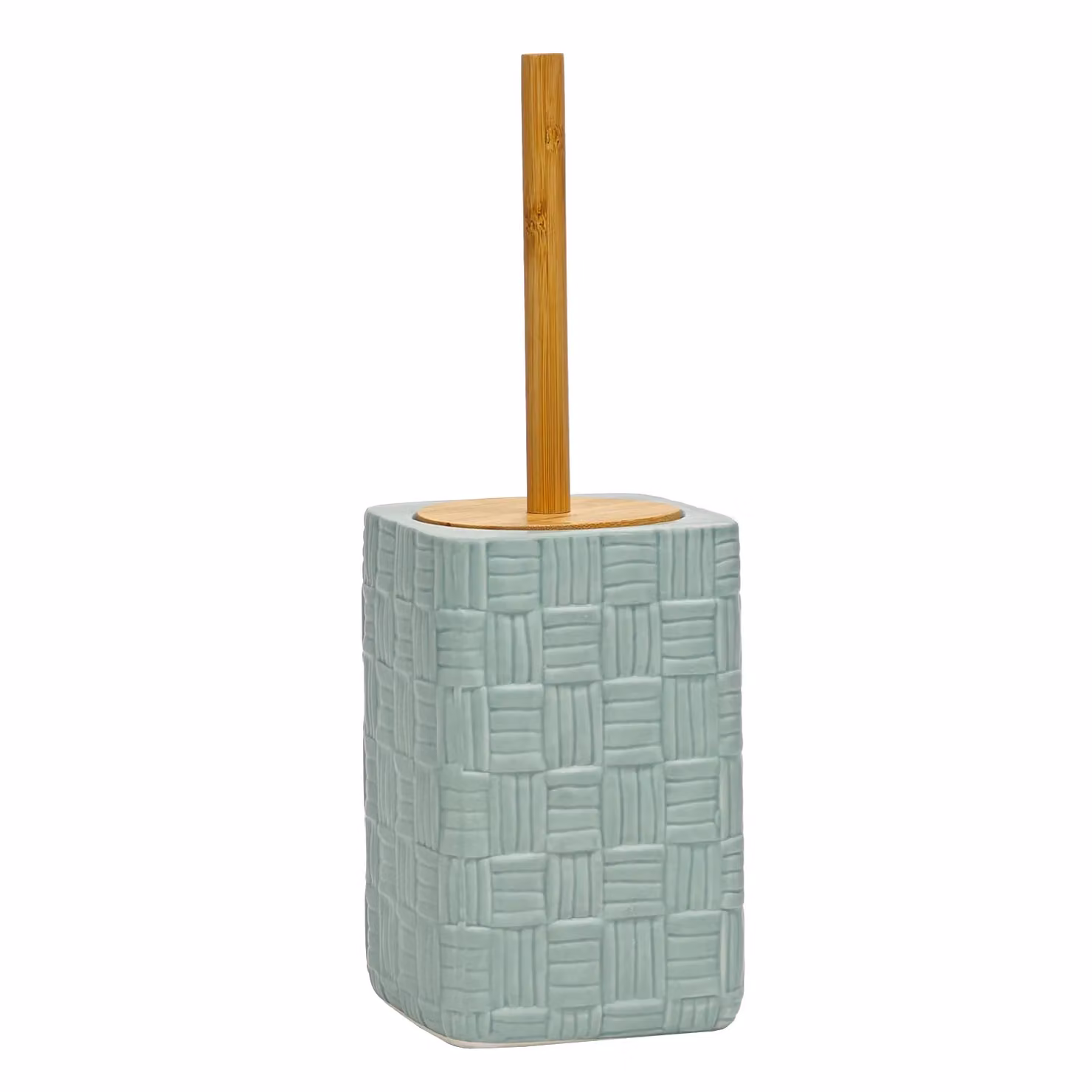 Portascopino con scopino in ceramica celeste Vestiamo Casa con finitura a rilievo effetto intreccio