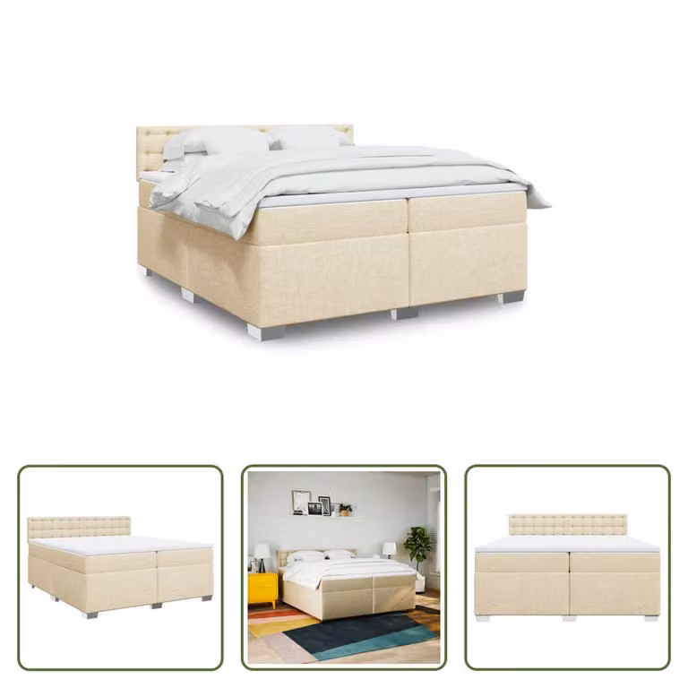 The Living Store Letto a molle con materasso crema 200x200 cm in tessuto