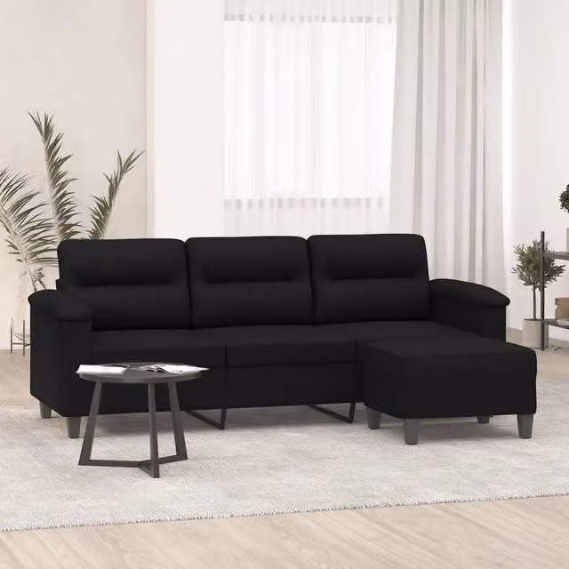 Divano a 3 posti con poggiapiedi vidaXL nero in microfibra per soggiorno L: 210 cm, P: 80 cm, H: 77 cm
