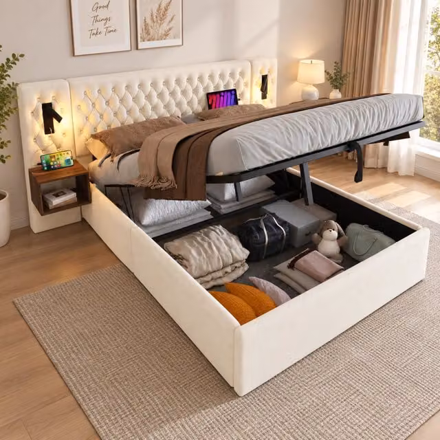 Letto contenitore imbottito 180 x 200 cm con 2 comodini; contenitore con sollevamento idraulico; lampada da lettura; ricarica USB; velluto; beige