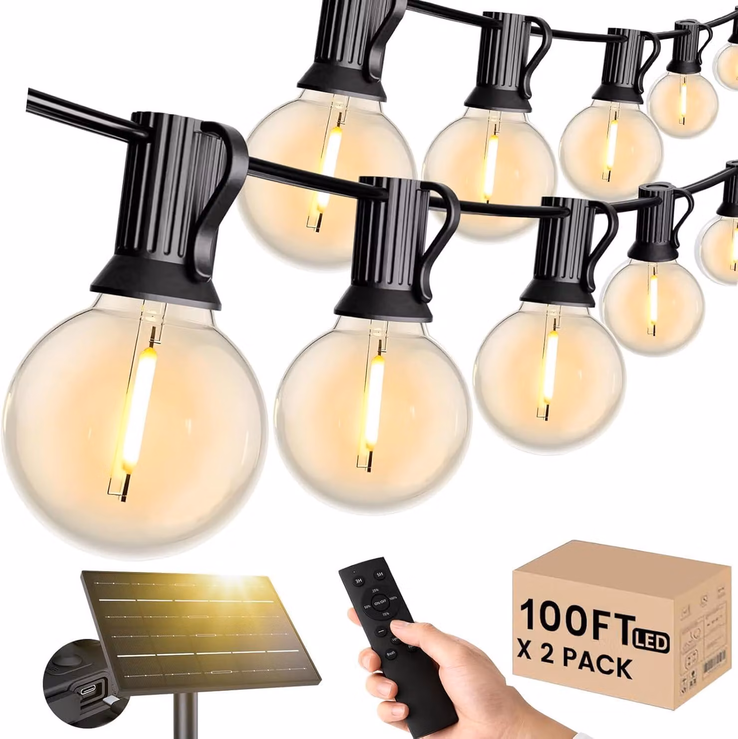 Catena luminosa solare da 60 metri, luce bianco caldo, dimmerabile, con telecomando, timer e grado di protezione IP65