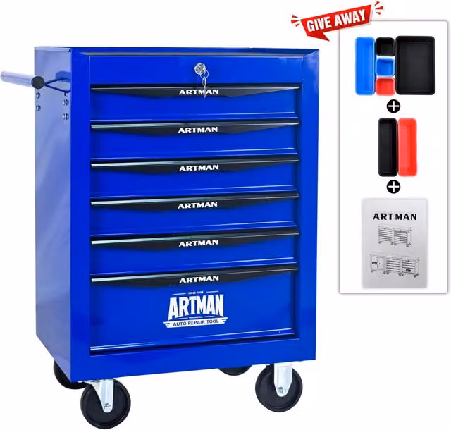 Carrello officina mobile 52,5x33x77,5 cm acciaio nero/blu 6 cassetti con serratura