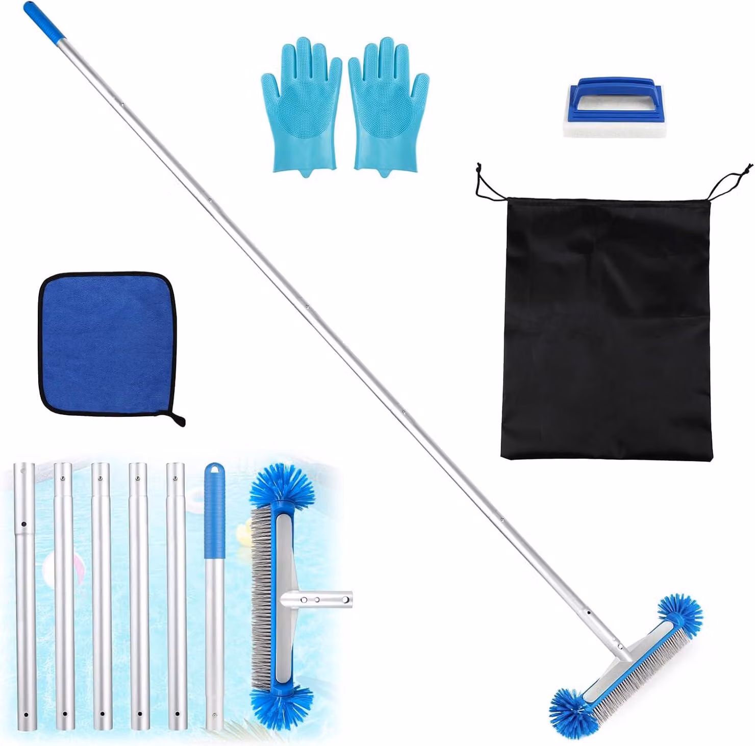 Spazzola per piscina, lunghezza 210 cm, larghezza 43 cm, con manico, adatta per piscine