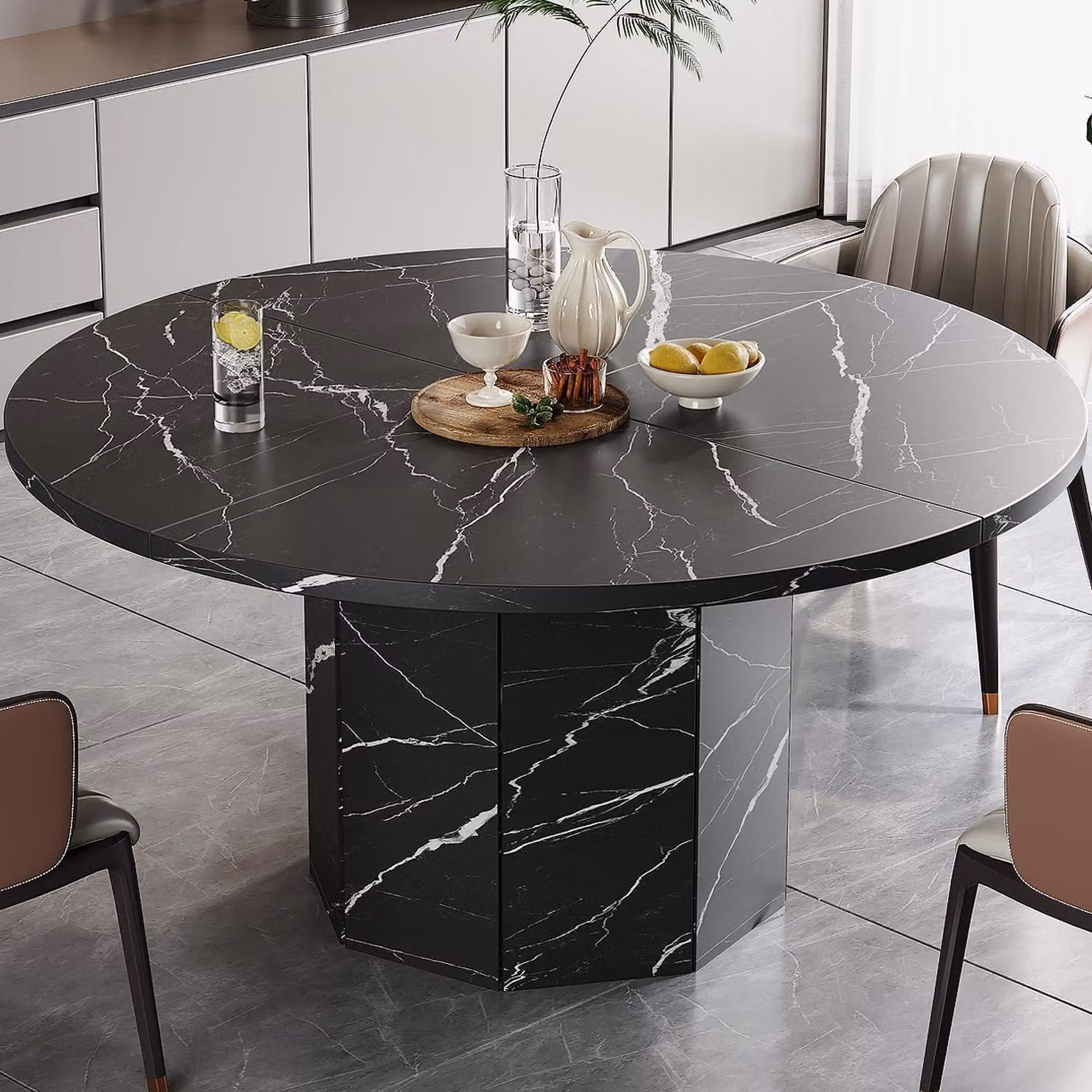 Tavolo da pranzo rotondo, aspetto marmo, legno, diametro 120 cm, nero, per 4-6 persone