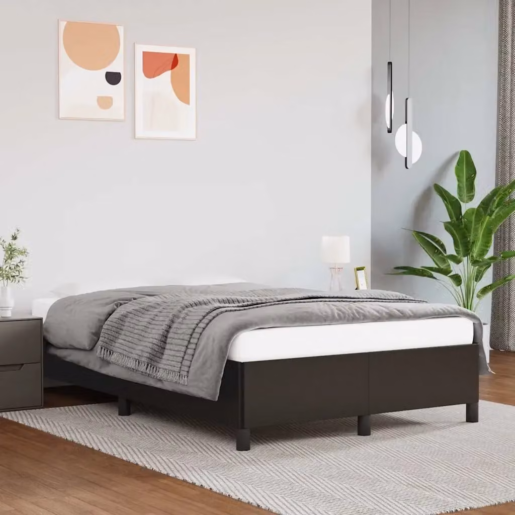 Letto matrimoniale moderno in similpelle nero con struttura in legno e doghe, L/P: 120 x 200 cm
