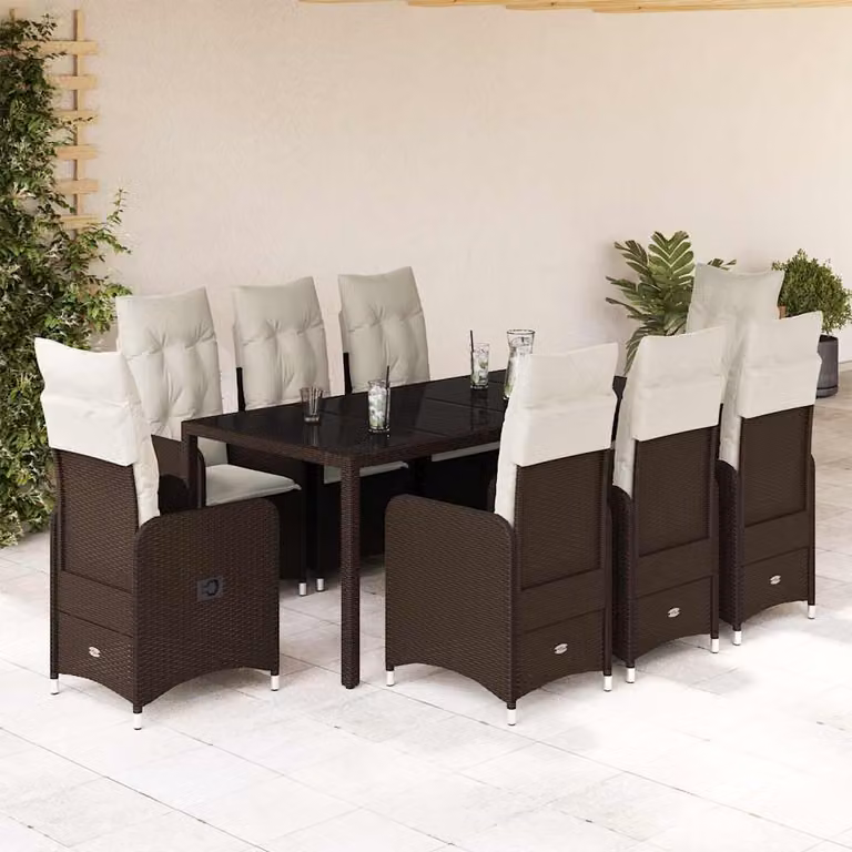 Set Bistrò da Giardino e Balcone vidaXL 9 pz in Polyrattan Marrone con Cuscini Bianchi e Piano in Vetro
