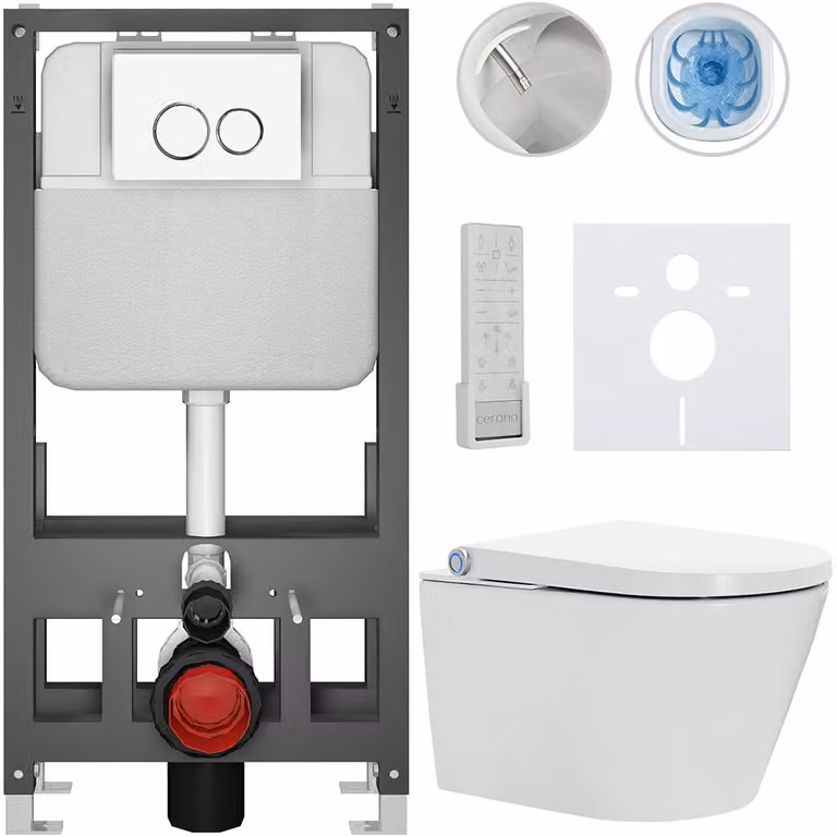 CERANO - WC sospeso con bidet Cronus Pro - bianco lucido - pulsante Prime/Dualo, bianco - modello a sé stante - installazione a parete/cartongesso - 59,3 x 38,4 cm