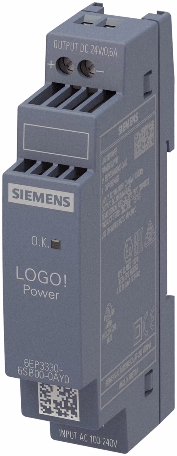 Siemens 6EP3330-6SB00-0AY0. alimentazione: Interno, Colore del prodotto: Multicolore, Paese d'origine: Austria. Peso: 100 g. Larghezza imballo: 67 mm, Profondità imballo: 36 mm, Altezza imballo: 96 mm (6EP33306SB000AY0)
