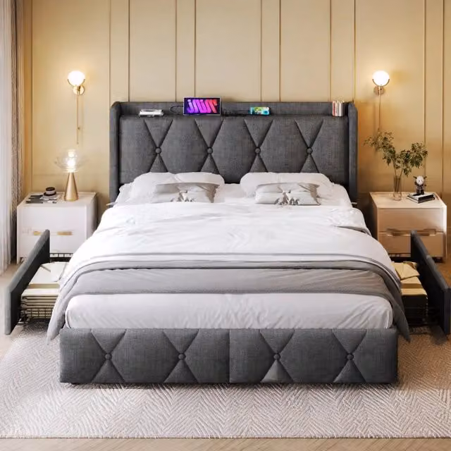 Letto imbottito contenitore 140x200 cm con 4 cassetti; USB e prese; tessuto di lino grigio