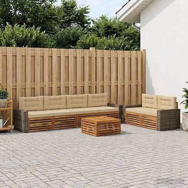 Set di mobili da giardino vidaXL composto da 7 pezzi con divani, tavolino da caffè e cuscini in poliestere beige e sabbia con struttura in legno di acacia trattato – 1