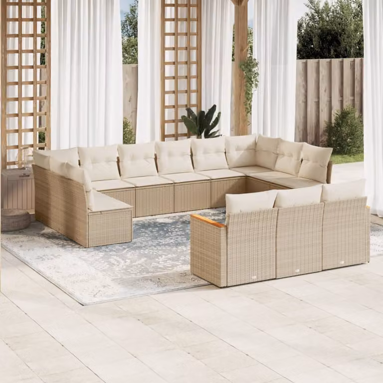 vidaXL Set Divano da Giardino 13 pz a forma di U in Polyrattan con Cuscini Beige e Struttura in Acciaio