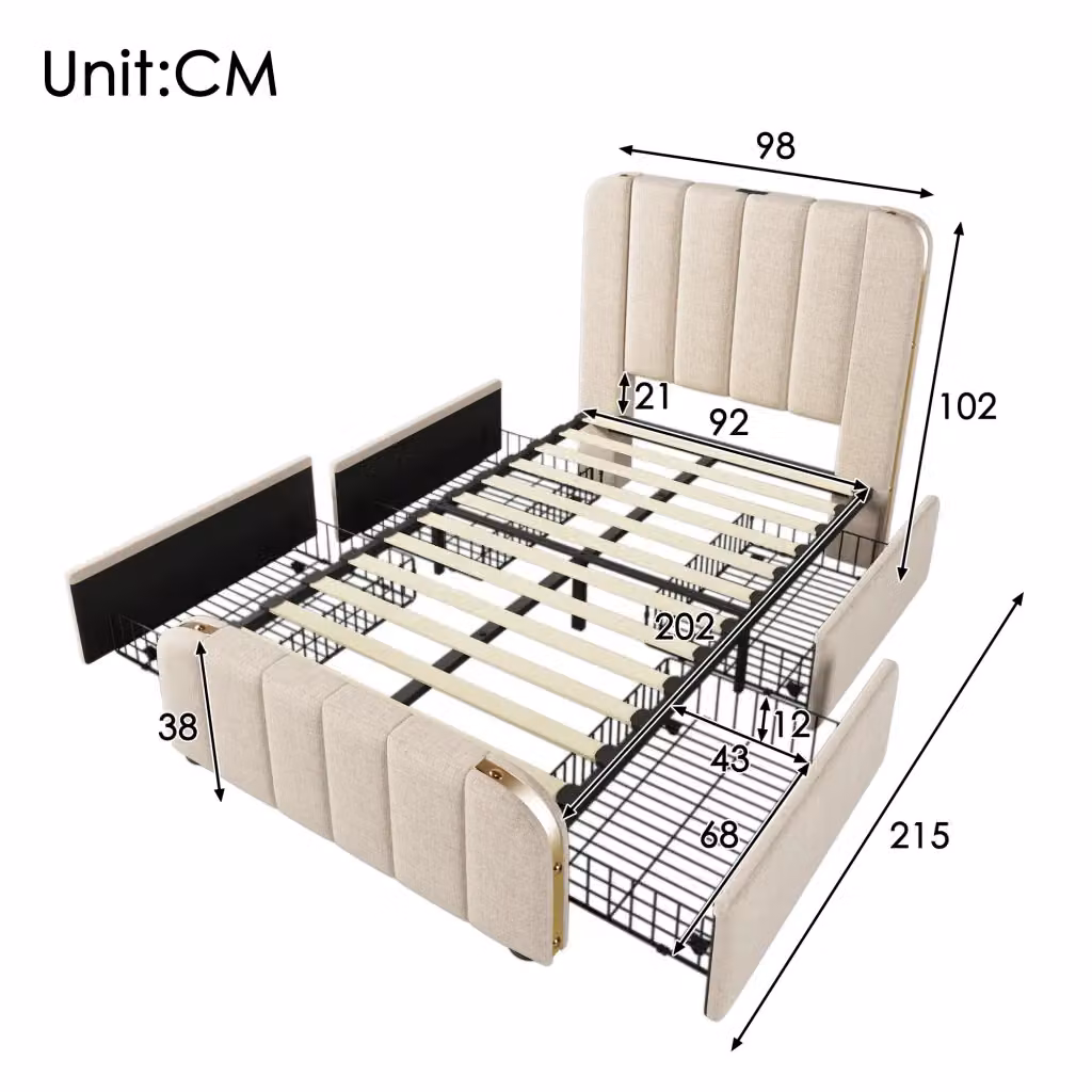 Letto imbottito moderno CIPACHO in lino beige con cassetti e porta USB, L/P/H: 90 x 200 x 215 cm – 2