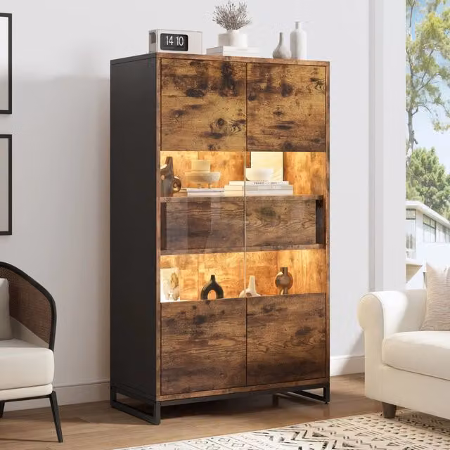 Vetrina con LED Bluetooth; 2 ante in acrilico e 2 cassetti; 80 x 40 x 138 cm; MDF; nero/effetto legno
