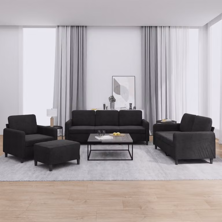 Set di divani vidaXL da 4 pezzi in velluto nero con pouf e cuscini per soggiorno moderno