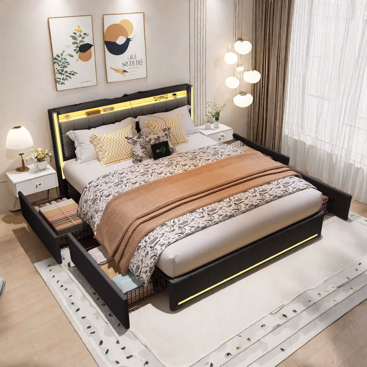 Letto matrimoniale 140x200 cm in lino grigio scuro - Testata e pediera con LED, 4 cassetti in metallo, porte USB e Type-C