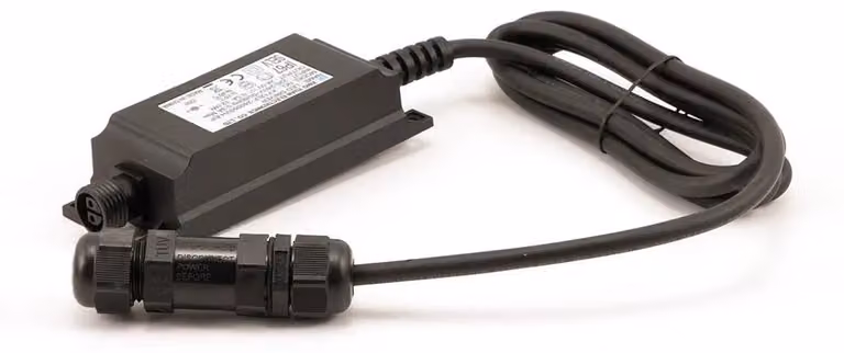 Alimentatore LED 24V DC, 24W, grado di protezione IP65, con cavo da 1,5 metri e connettore IP67. Accessorio