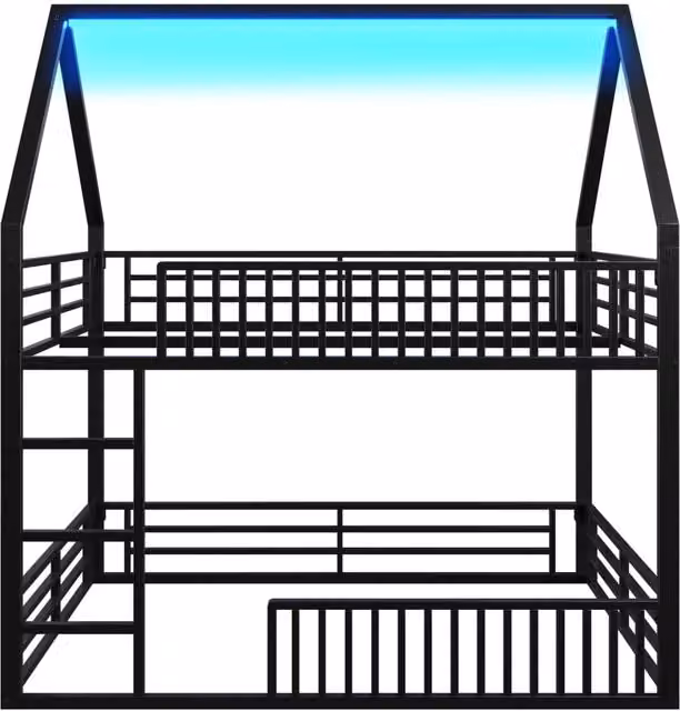 Letto a castello a forma di casa 140x200 con ringhiera e luci LED, nero