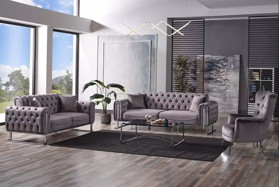 Sofagarnitur Wohnzimmer Sitz Sofa 3 Sitzer Grau 2 Sitzer Set Textil Sessel 3tlg