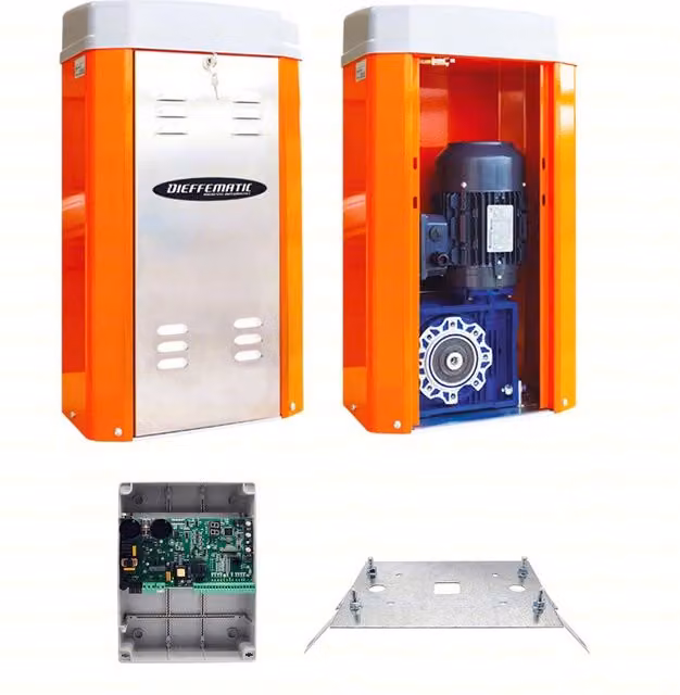 Motore per automazione cancello scorrevole Dieffematic Giga 5000kg con inverter, quadro elettrico e contropiastra in acciaio inox arancione