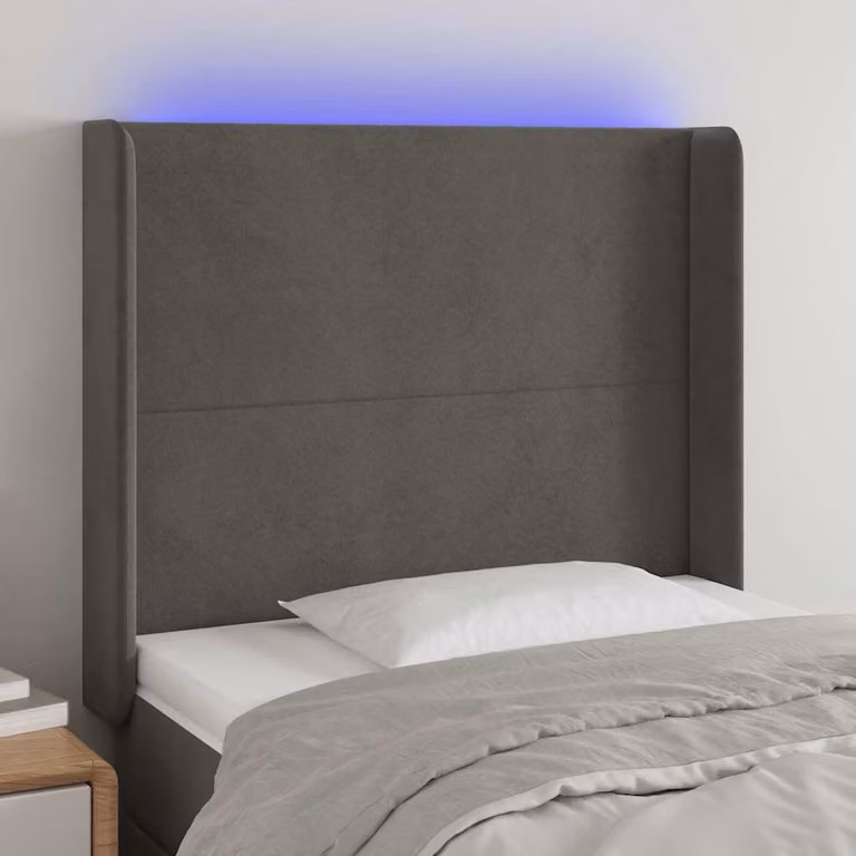 Testiera per letto vidaXL in velluto grigio con illuminazione LED e porta di ricarica USB, L 93 cm, P 16 cm, H 118-128 cm