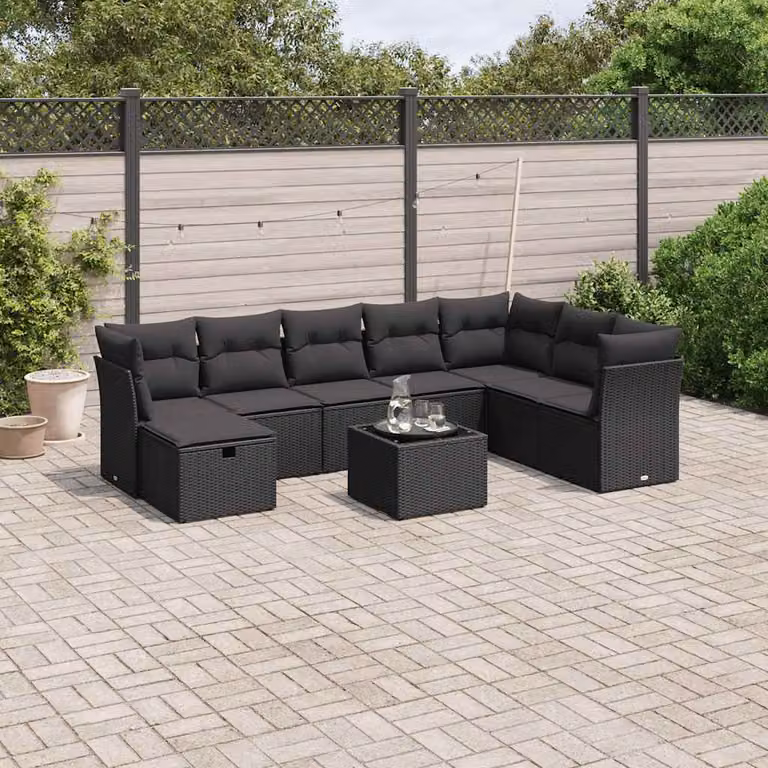 Set di Divani da Giardino vidaXL 9 pz con Cuscini e Tavolino, Design Moderno a L in Polyrattan Nero con Struttura in Acciaio e Vetro