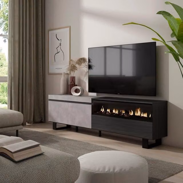 Mobile TV, 200x35x57cm, soggiorno, Per TV fino a 80", Camino elettrico, Design industriale, grigio cemento RF2248