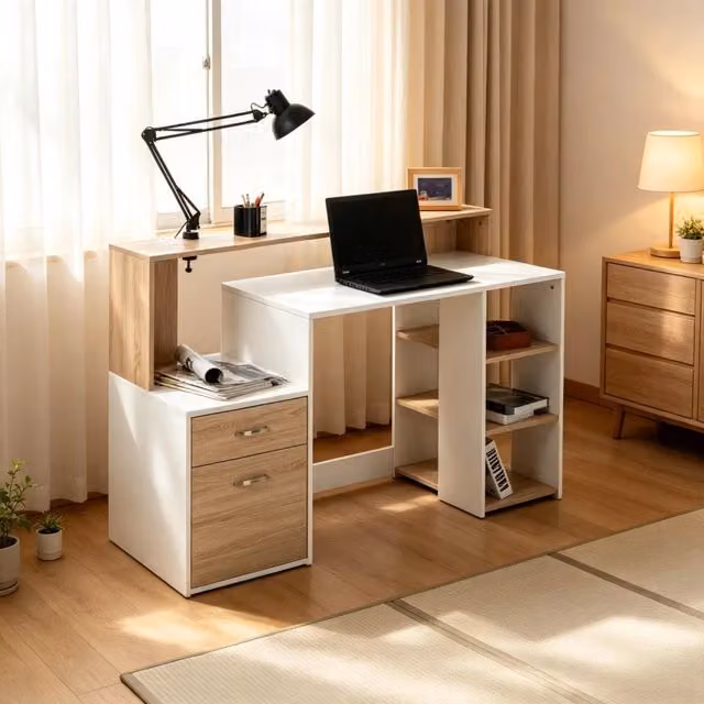 Scrivania multifunzionale con cassetti e ripiani aperti, scrivania compatta per studio e lavoro, scrivania flessibile, scrivania per computer (solo scrivania per computer)