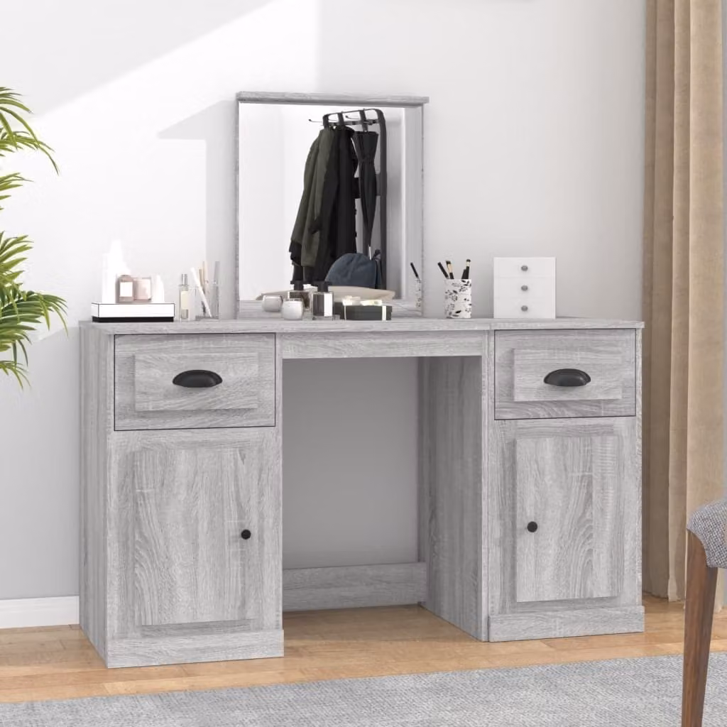 The Living Store Comodino con specchio Grey Sonoma 130x50x132,5 cm