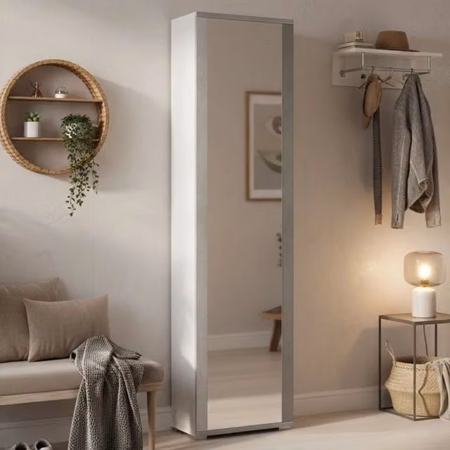 Scarpiera Moderna DMORA con Specchio e Ante in Vetro, Bianco e Grigio, L/P/H: 50 x 32 x 182 cm