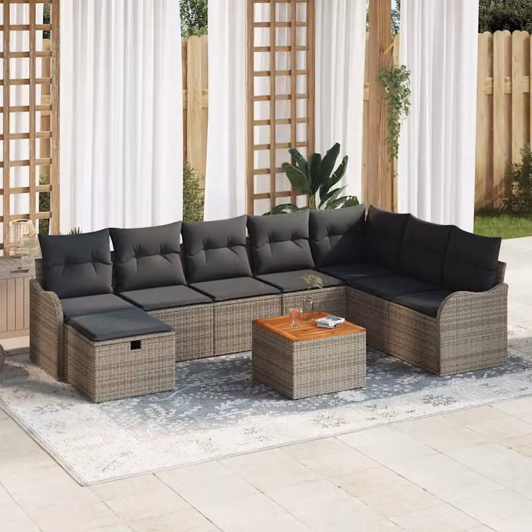 Set Divano da Giardino vidaXL in Polyrattan Grigio con Cuscini e Tavolino da 9 Pezzi