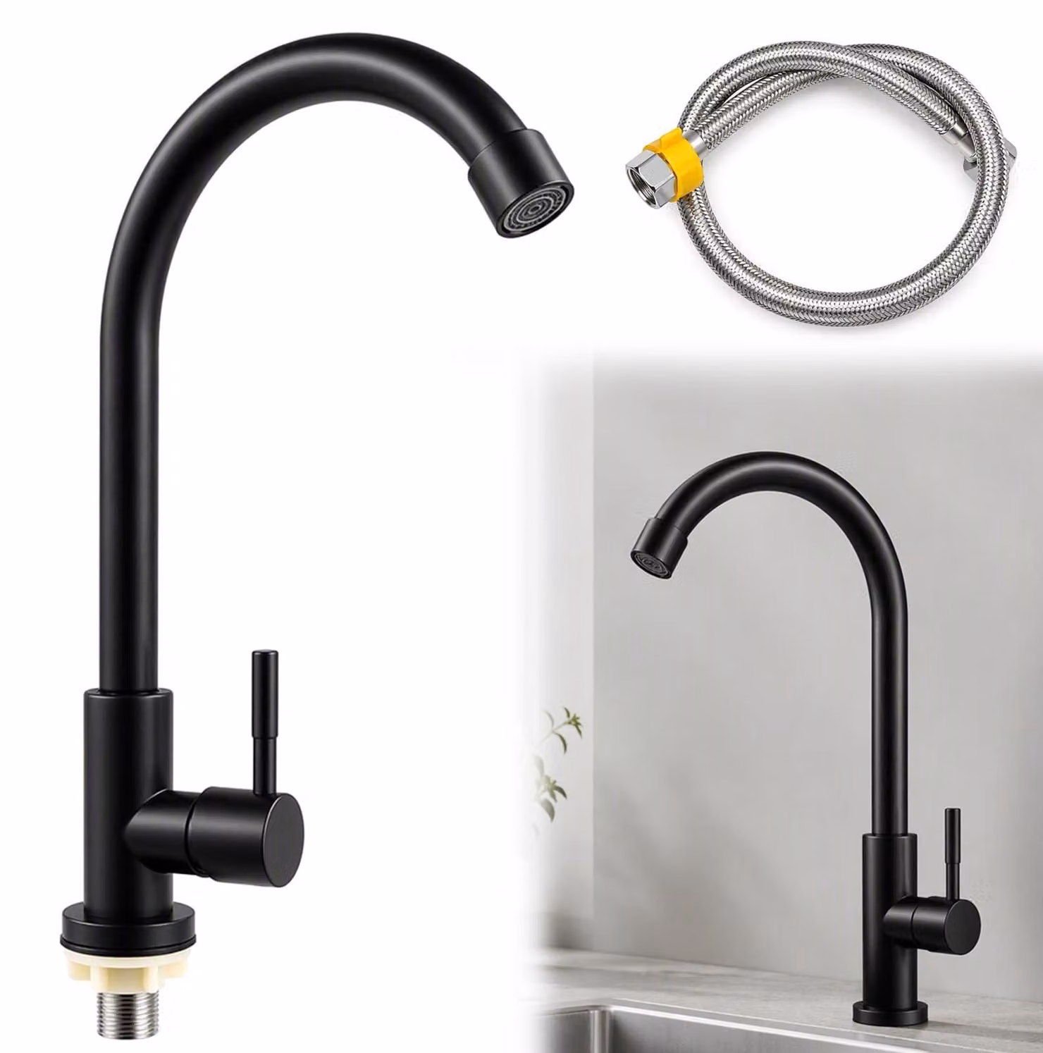 Rubinetto da cucina per acqua fredda, nero, girevole a 360°, in acciaio inossidabile 304, ideale per la cucina