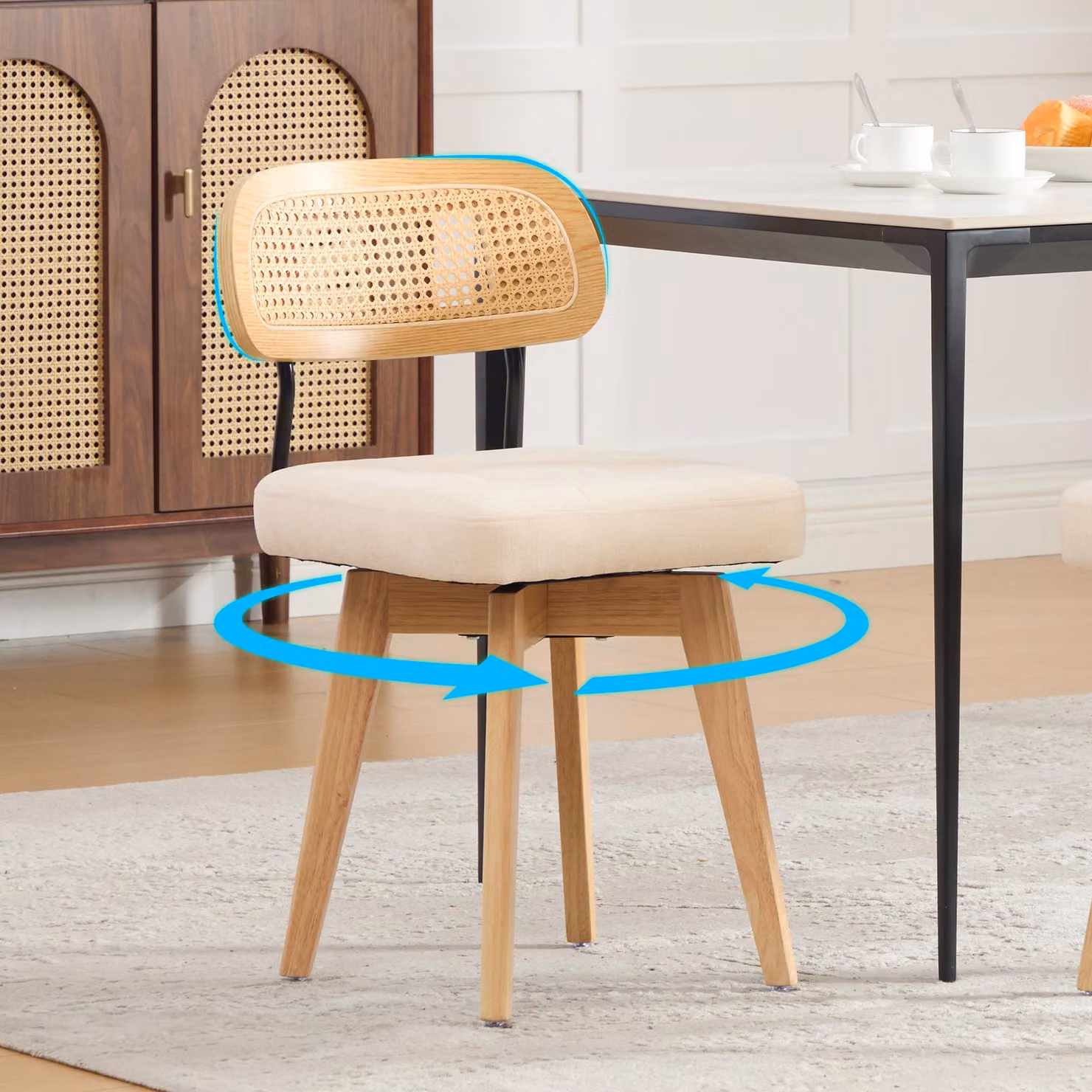 Set di due sedie da pranzo, girevoli a 360°, con schienale intrecciato, imbottite, stile Mid-Century, in tessuto chenille