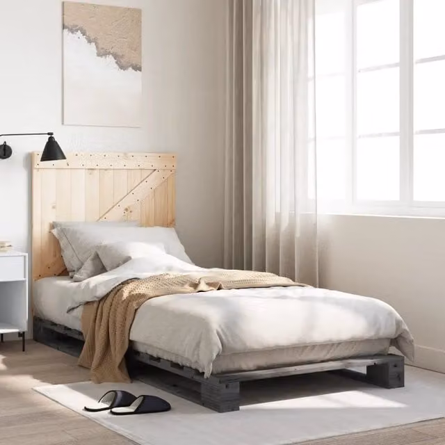 Letto con Testiera in Legno Massello di Pino Grigio vidaXL L/P/H: 90 x 200 cm