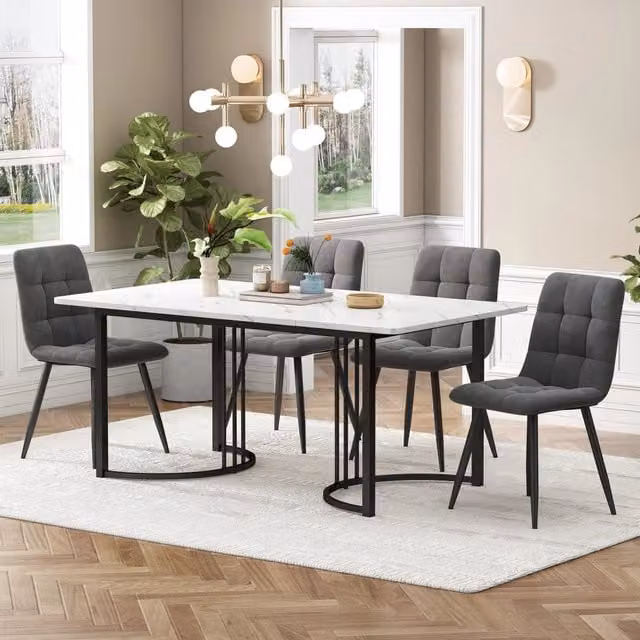 Set da pranzo 5 pezzi: tavolo 140x80 cm piano MDF bianco gambe metallo nero, 4 sedie velluto grigio scuro