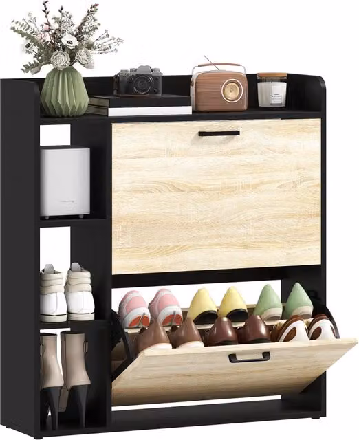 Scarpiera Moderna Minimal con Cassetti ed Ante Basculanti Effetto Legno Naturale, L: 83 cm, P: 24 cm, H: 90,5 cm – 1