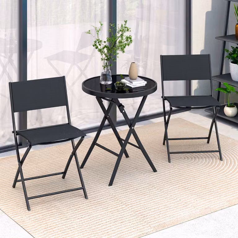 Set da pranzo bistro pieghevole Costway composto da tavolo rotondo con piano in vetro e 3 sedie con seduta in tessuto traspirante, struttura in acciaio verniciato nero per esterno e giardino
