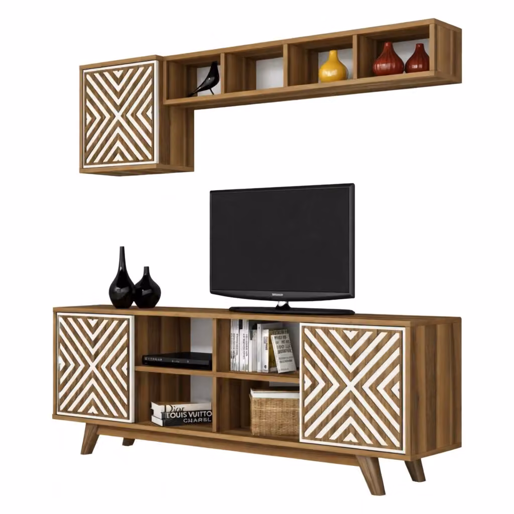 Mobile porta TV Drusilla DMORA, Credenza da soggiorno moderna in legno, L: 160 cm, P: 35 cm, H: 56,2 cm, Noce e Bianco – 2
