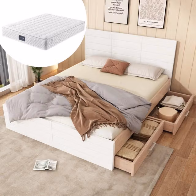 Letto Matrimoniale in Legno con Cassetti e Rete a Doghe con Materasso ¨C MINIMAL ¨C Rovere/Bianco 160x200