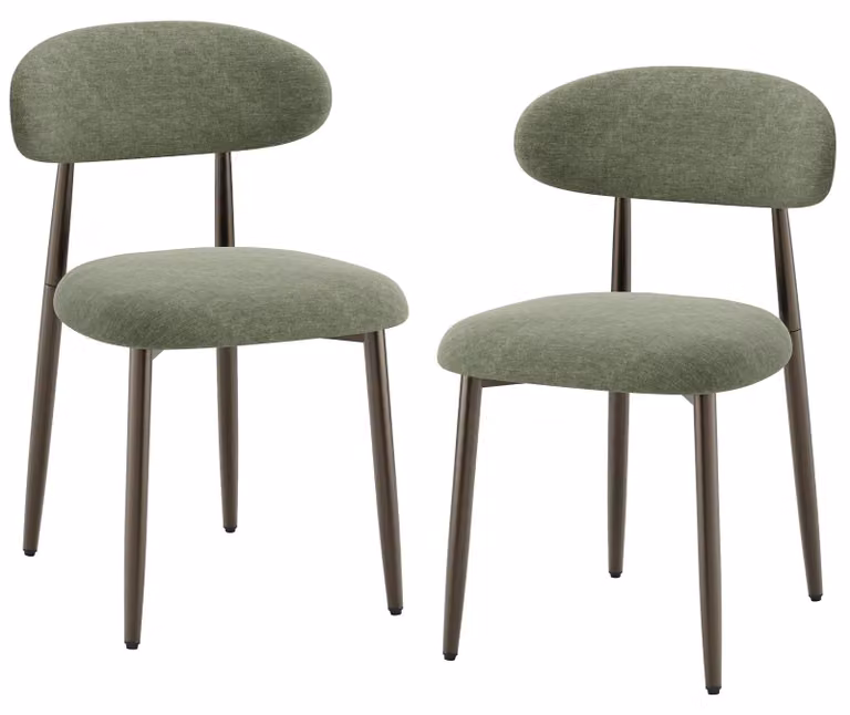 Set di 2 sedie da pranzo imbottite, con schienale curvo ergonomico, gambe in metallo con finitura bronzo, design moderno, colore verde