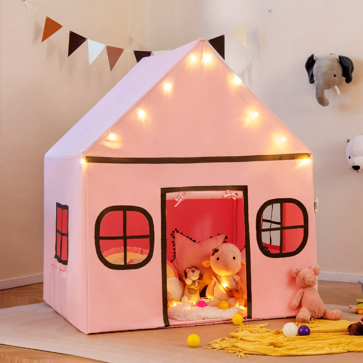 Tenda da gioco per bambini Costway con finestre, porta e luci a stella, colore rosa, L: 143 cm, P: 120 cm, H: 101 cm