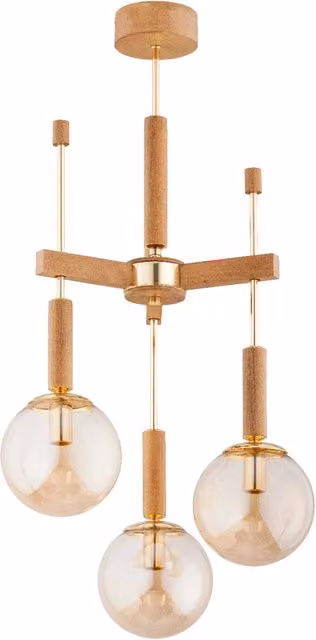 Lampada a sospensione Alfa in stile scandinavo con legno e vetro color ambra e finiture oro/ottone, 3xE14, H: 38 cm, L: 30 cm, P: 30 cm