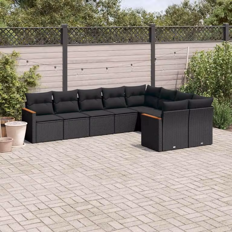 Set di divani da giardino vidaXL a forma di L composto da 9 pezzi con cuscini neri in rattan e struttura in acciaio rivestito in polvere