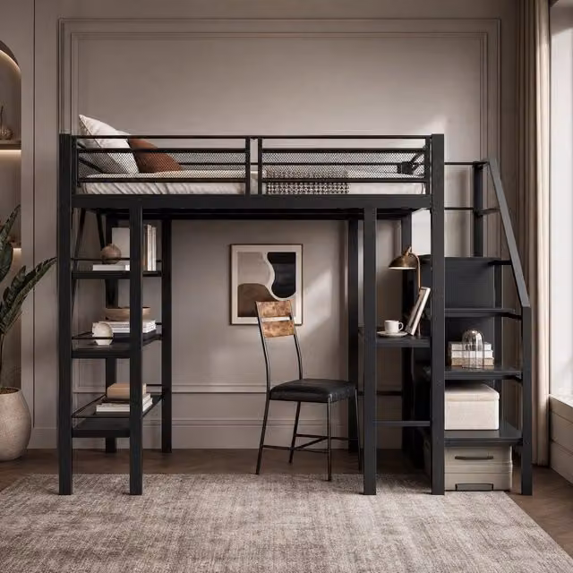 Letto singolo in ferro nero 140x200 cm con scrivania, armadio, scala di sicurezza e scaffali a tre livelli