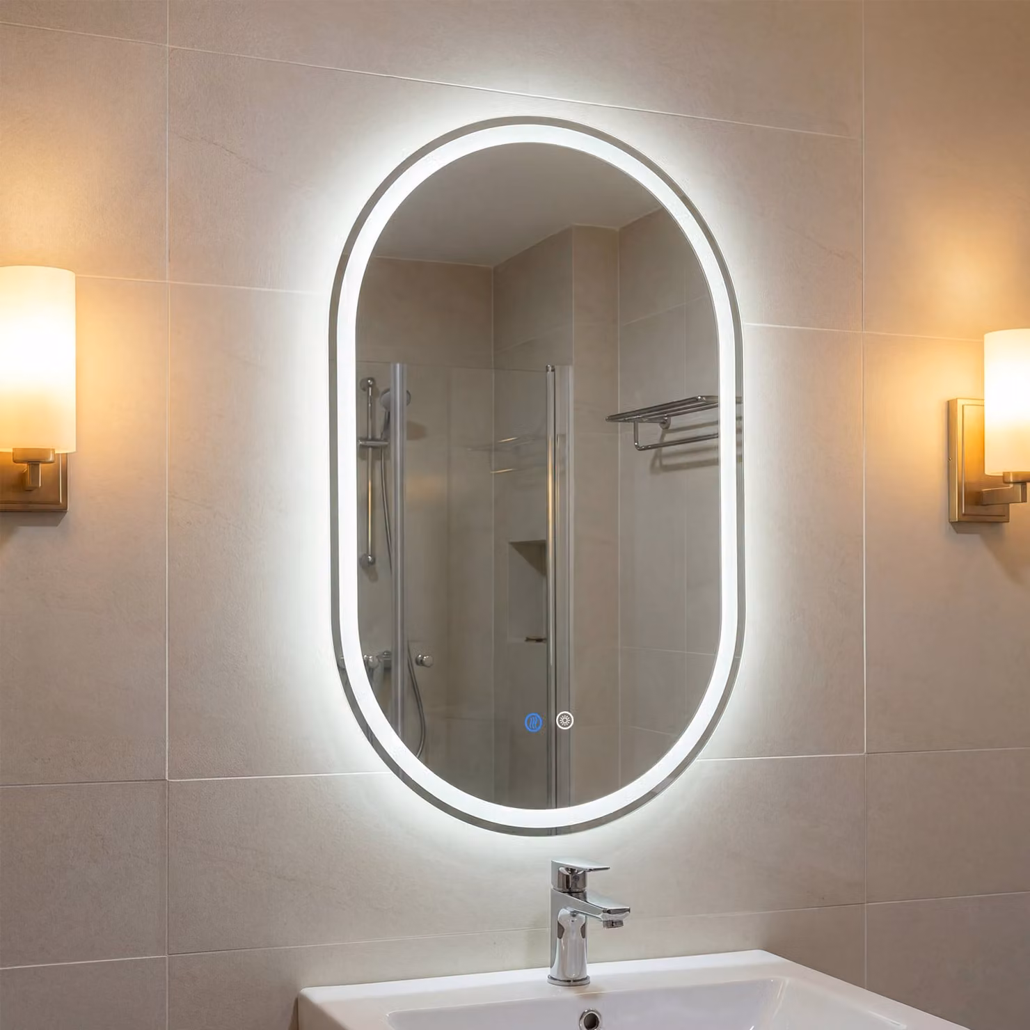 Specchio da bagno illuminato Costway con luce LED regolabile e funzione anti-appannamento, vetro temperato infrangibile, L: 80 cm, H: 50 cm