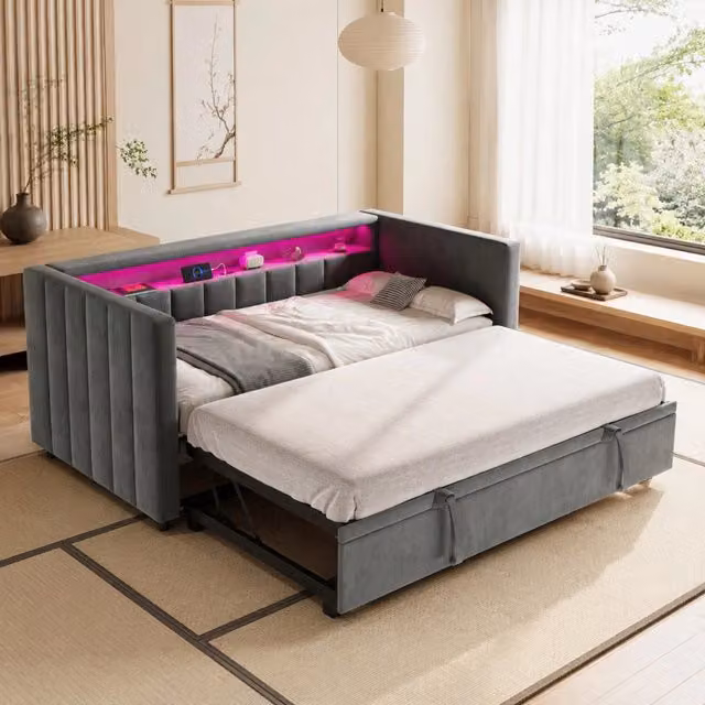 Divano letto estraibile MIVRAY in velluto grigio con illuminazione LED e porta USB Type-C, L/P: 90 x 190 cm